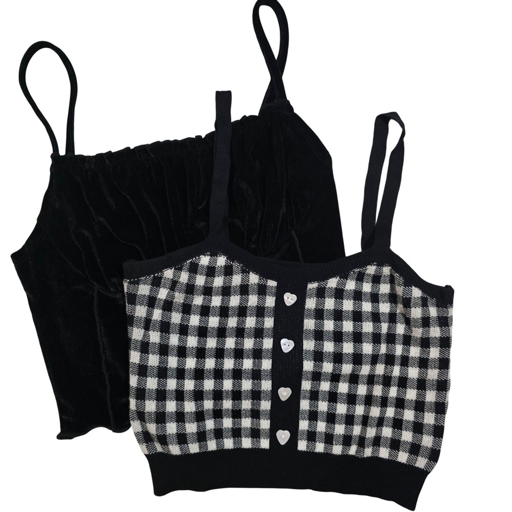 Womens 4 Small Lot of 2 Crop‎ Top Black Velvet Ruched Plaid Grunge Gothic Punk
